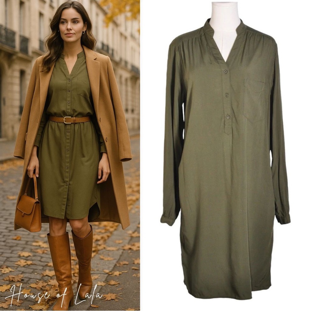 Roots Forest Green Long Sleeve Button Down Casual Shirt Dress